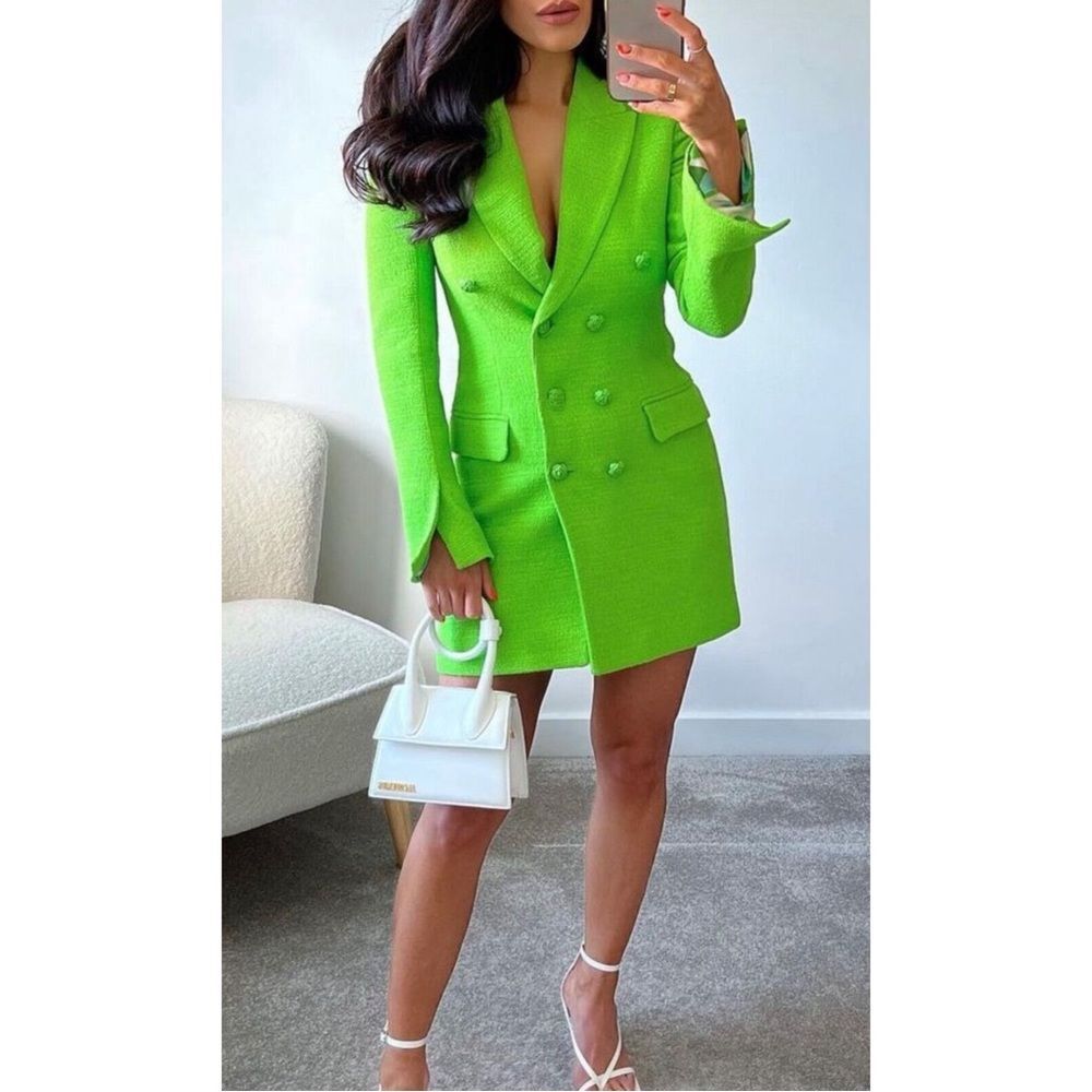 Zara Neon Green Double-Breasted Blazer Dress - Picture 2 of 12